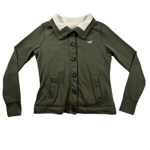 Hollister Jacket Women's Sherpa Lined Button Up Embroidered Cotton Blend Green M